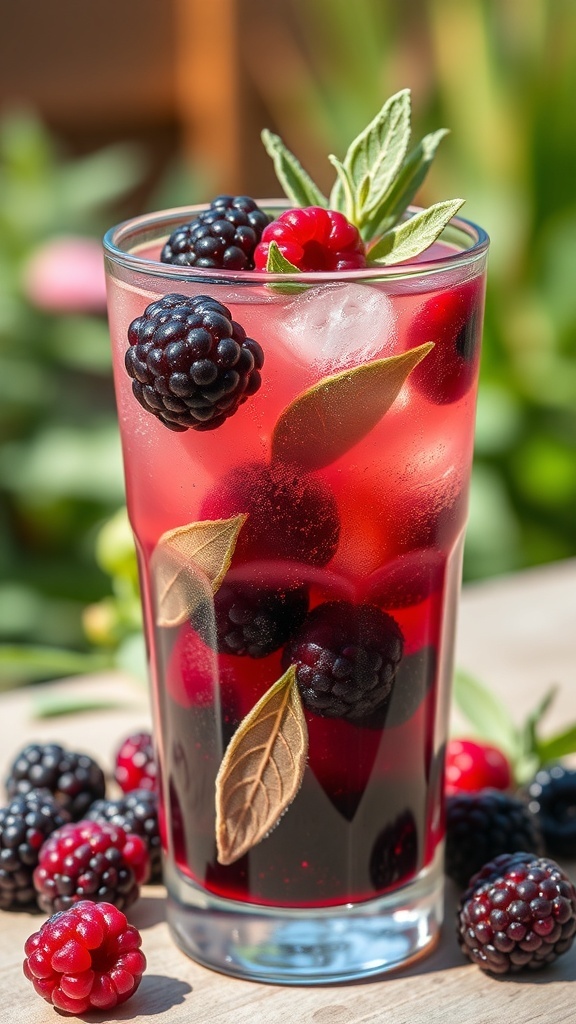 A refreshing Blackberry and Sage Mocktail in a glass with ice, garnished with sage and blackberries, set in a sunny outdoor scene.